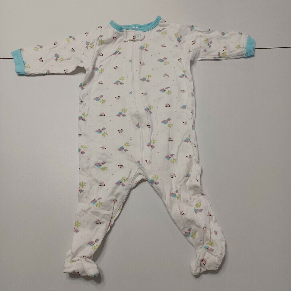 Bird Gerber Girls 3-6 Months Footed Pajama White Blue Zipper Scoop Long Sleeve